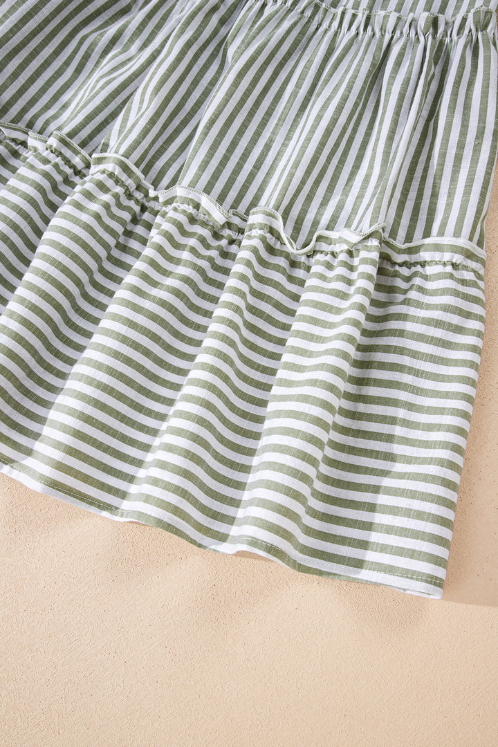 Green Stripe Tasseled Tie Neck Ruffled Short Sleeve Tiered Flattering Dress