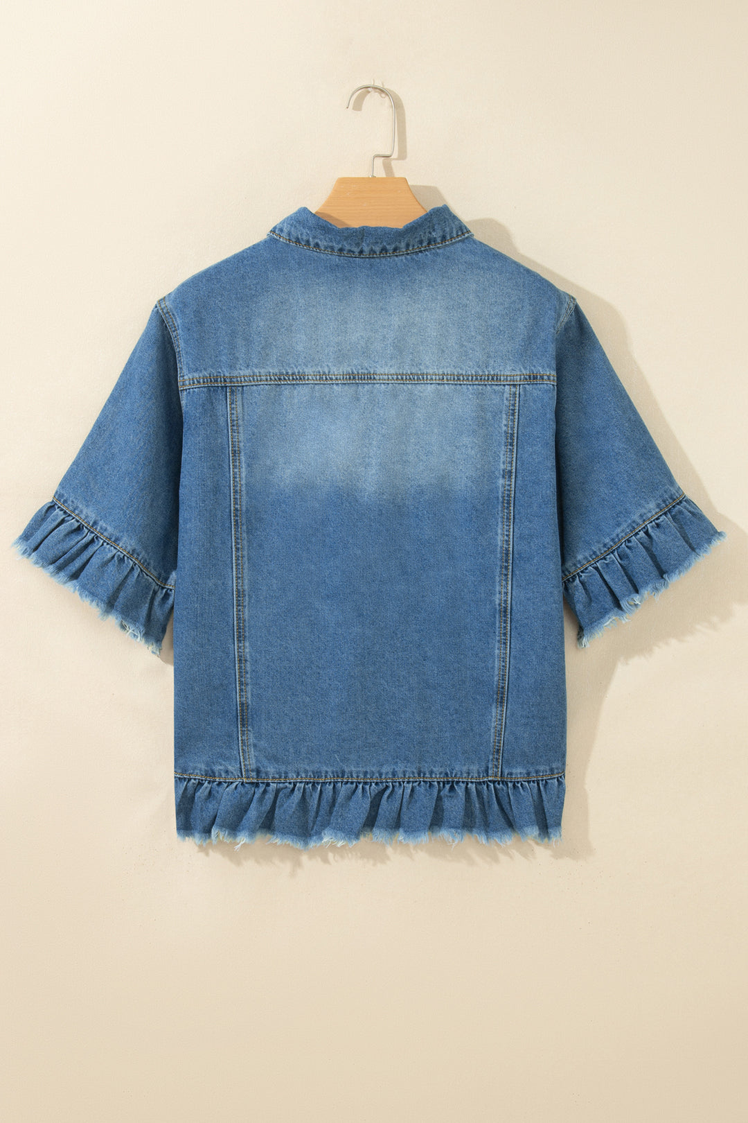 Blue Ruffle Hem Raw Edge Half Sleeve Western Denim Jacket
