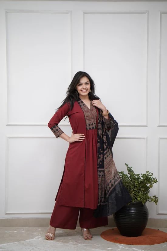 Women’s Ethnic Printed Kurta Set with Palazzo and Printed Dupatta