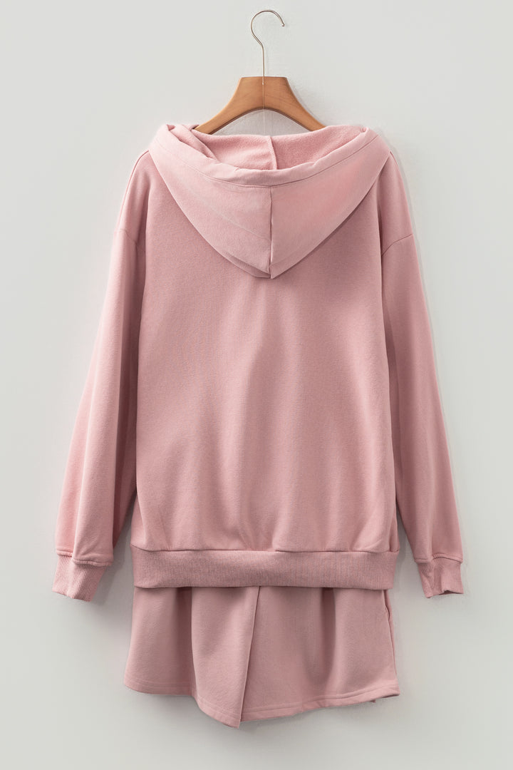 Peach Blossom Button Drawstring Hooded Pullover and Casual Short Set