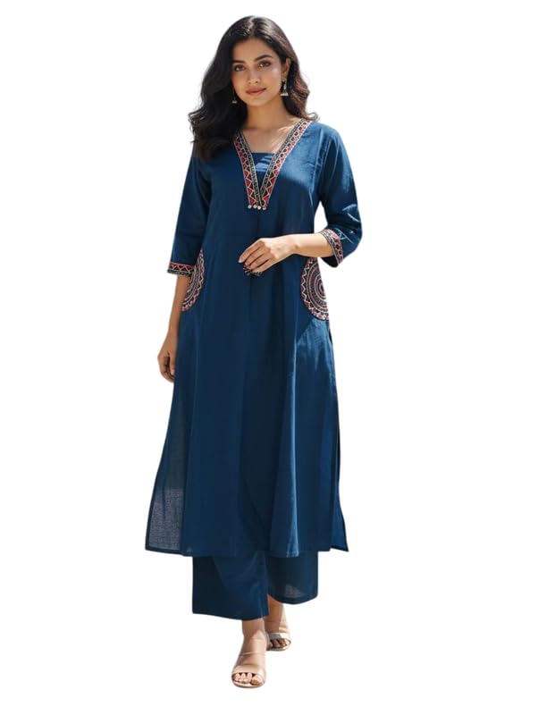 Women’s Solid Embroidered A-Line Kurta Set with Pants