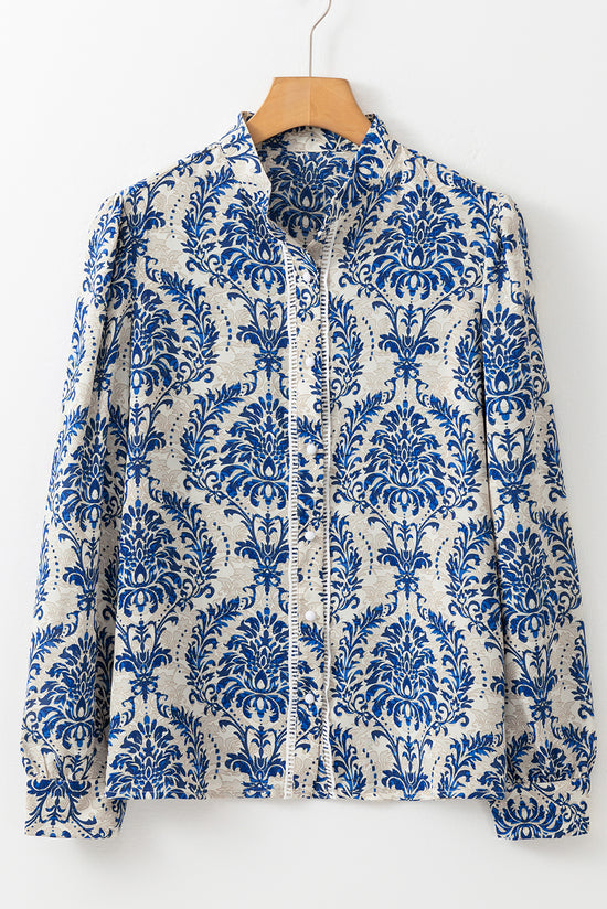 Sky Blue Bohemian Printed Bishop Sleeve Lace Shirt | Women