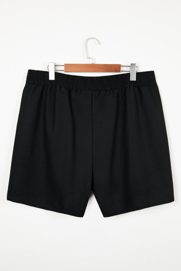 Black Plus Size Crossed Elastic Waist Cotton Linen Loose Shorts