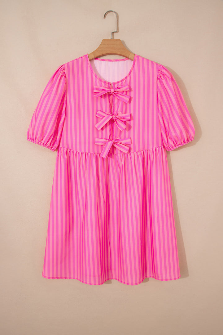 Rose Striped Print Bow Detail Short Puff Sleeve Mini Dress