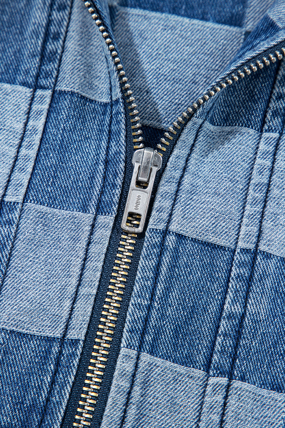 Sky Blue Checkerboard Oversized Zipped Neck Kangaroo Pocket Denim Hoodie