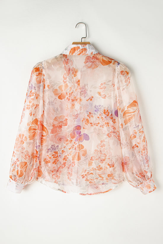 White Floral Print Collared Balloon Sleeve Loose Shirt | Women