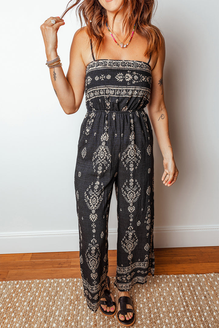 Black Spaghetti Straps Elastic Waist Loose Ethnic Print Jumpsuit