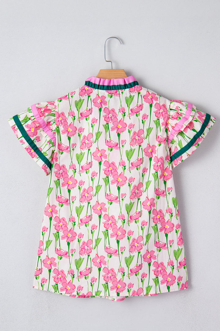 Pink Floral Print Contrast Trim V Neck Double Ruffled Short Sleeve Blouse