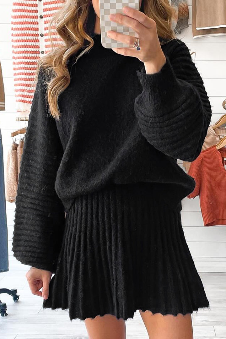 Smoke Gray Lantern Sleeve Sweater Pleated Knitted Mini Skirt Set