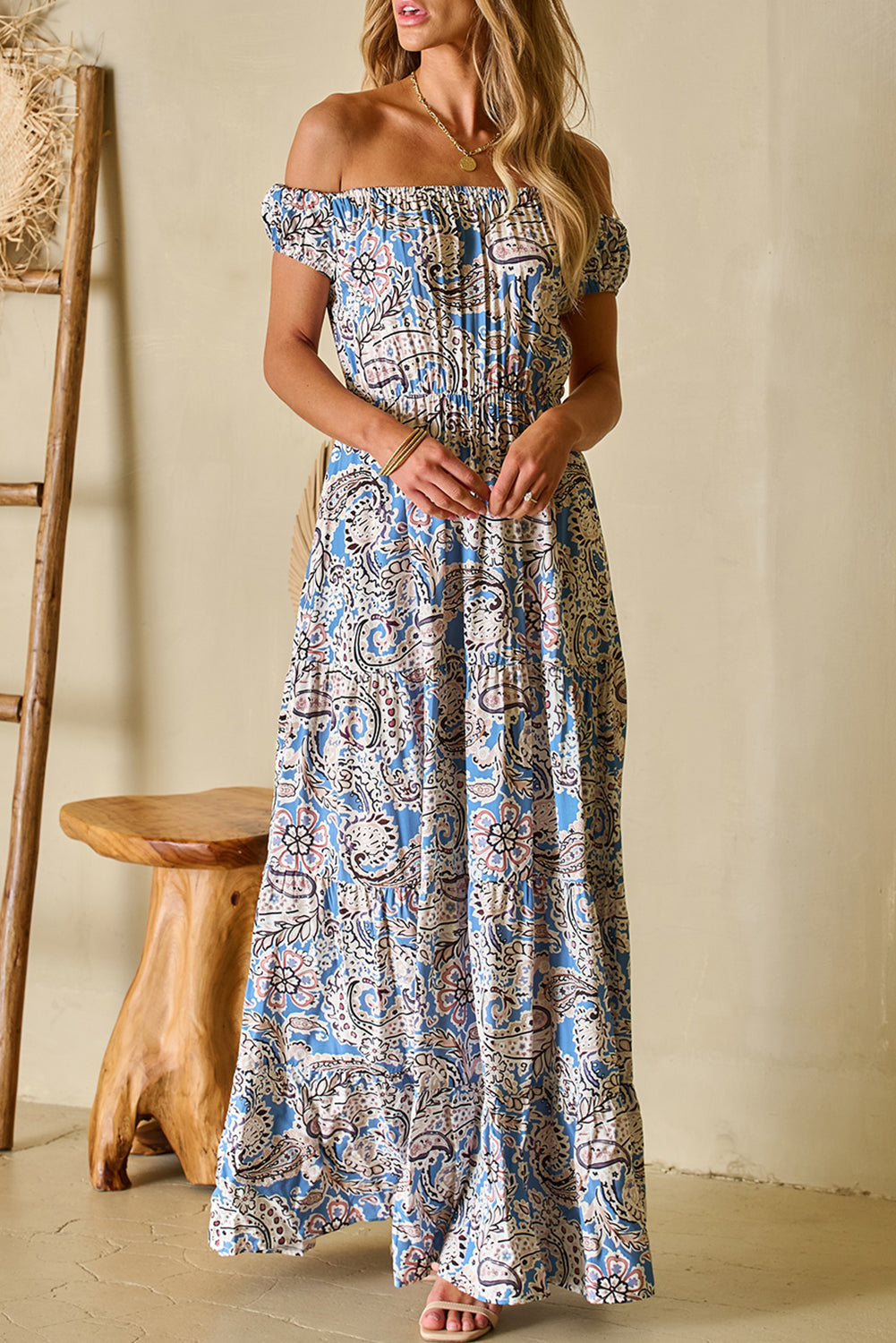 Blue Boho Paisley Print Off Shoulder Maxi Dress | Women