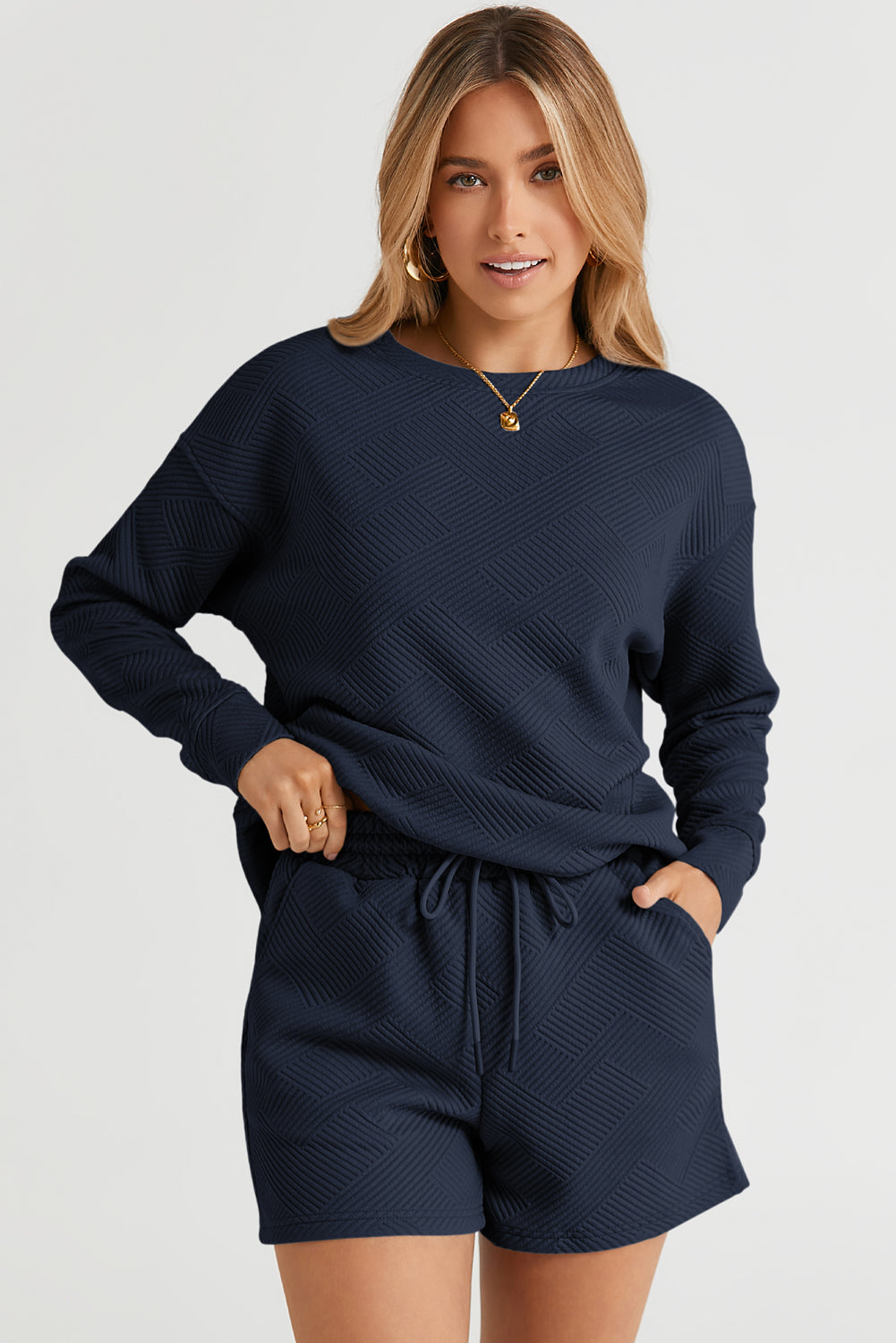 Navy Blue Textured Long Sleeve Top and Drawstring Shorts Set | Women