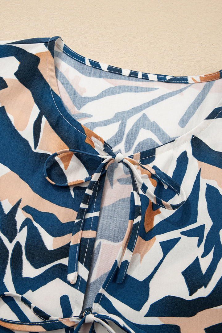 Blue Zebra Print Tied Front Puff Sleeve Top