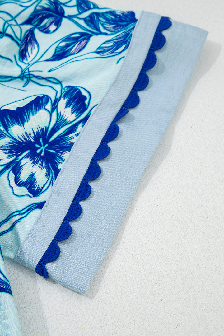 Sky Blue Ricrac Trim Slit V Neck Short Sleeve Floral Blouse