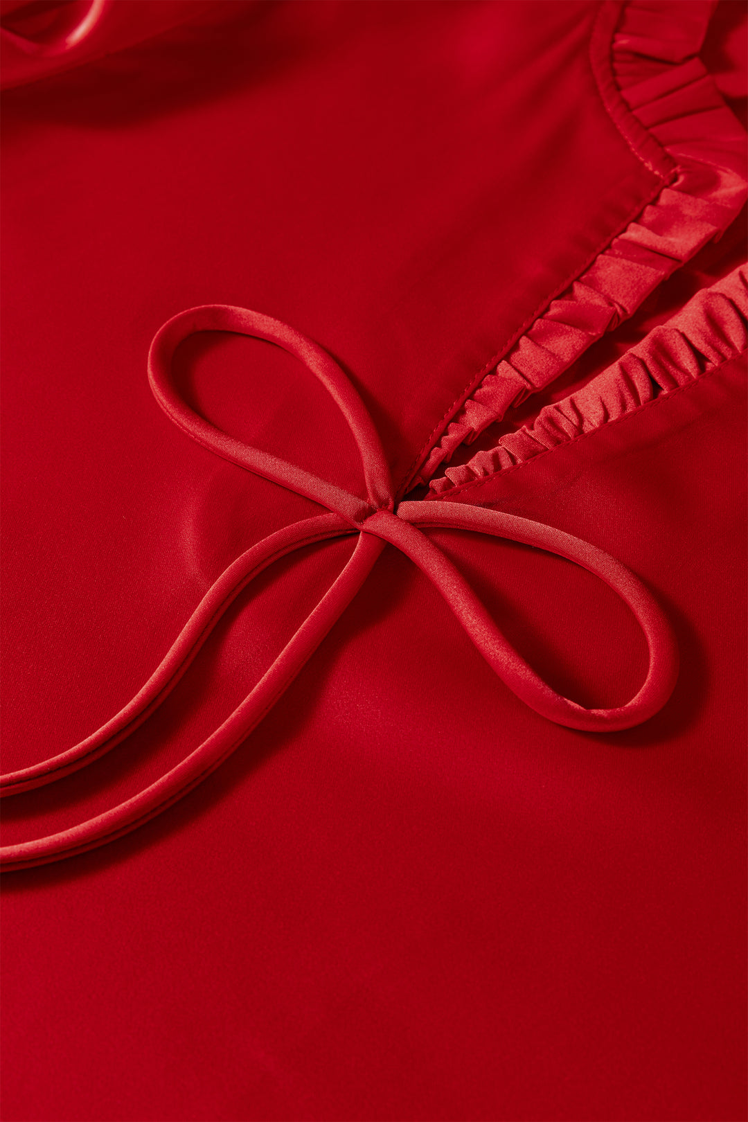 Fiery Red Solid Color Frilled V Neck Bow Detail 3/4 Sleeve Blouse