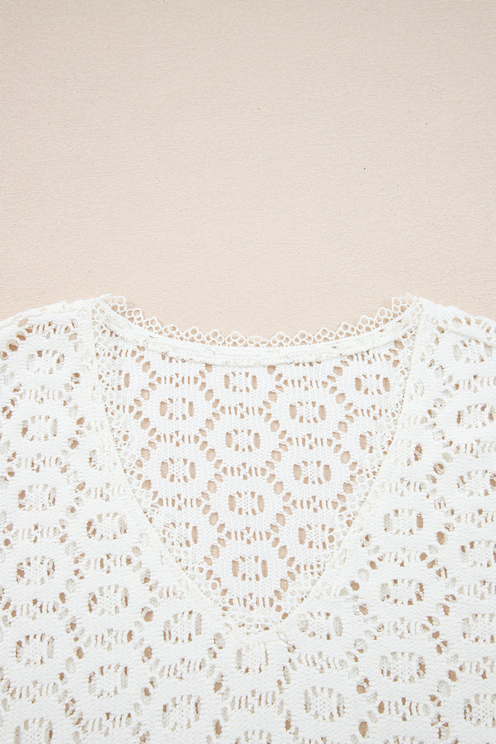 Beige Flower Lace V Neck Ruffled Sleeve Top