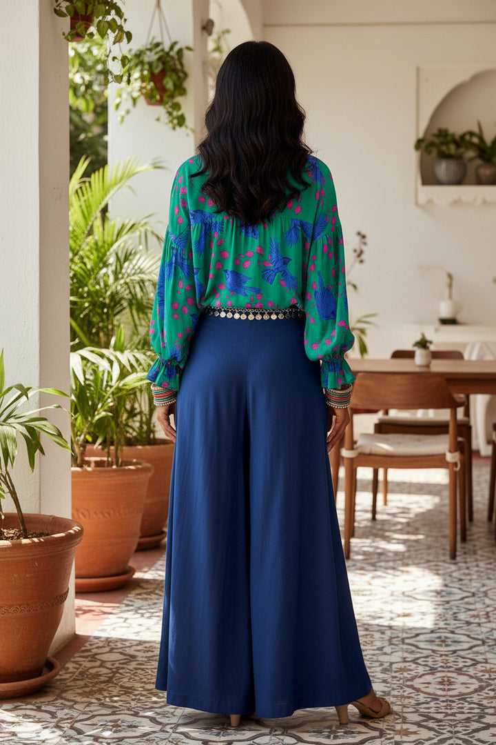 Green Abstract Print V Neck Flounced Puff Sleeve Blouse