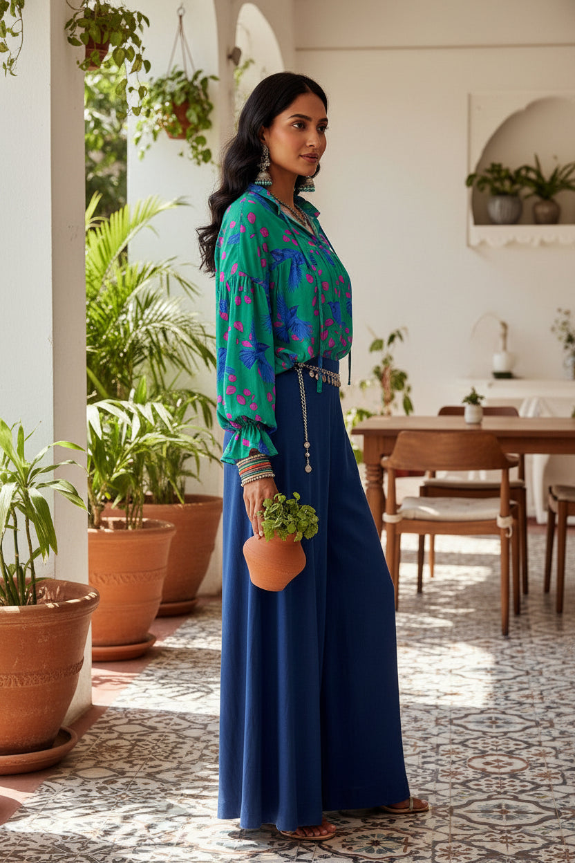 Green Abstract Print V Neck Flounced Puff Sleeve Blouse
