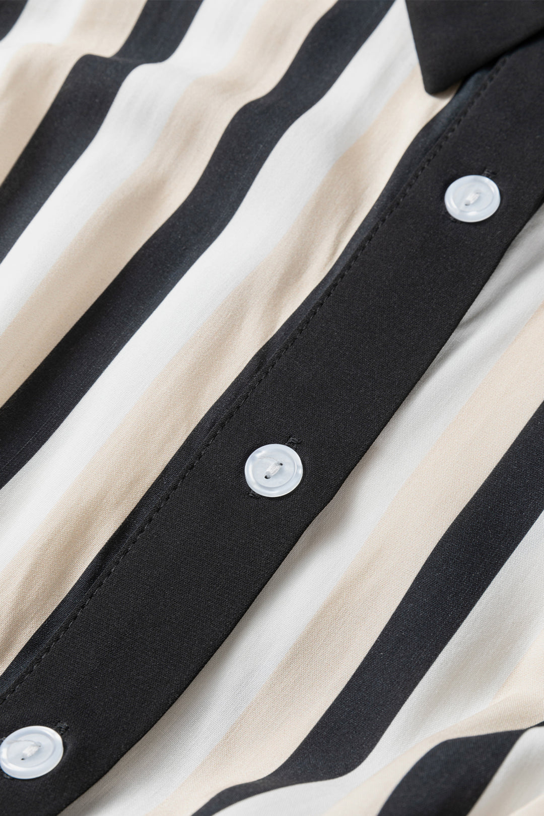 Black Stripe 3/4 Puff Sleeve Shirt Style Button Down Midi Dress