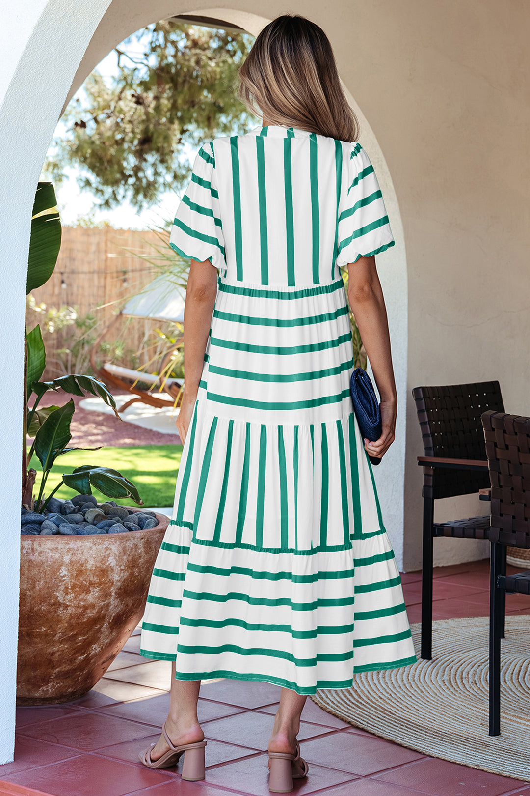 Sky Blue Stripe Ricrac Trim Notched Neck Half Sleeve Vacation Dress