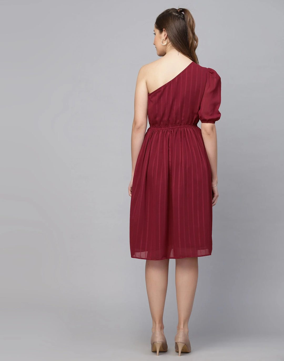 Wine Red Chiffon One shoulder Dress | Women