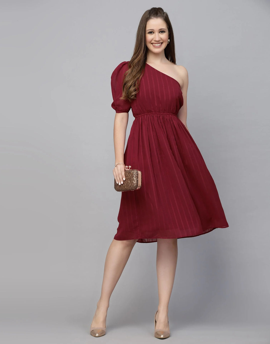 Wine Red Chiffon One shoulder Dress | Women