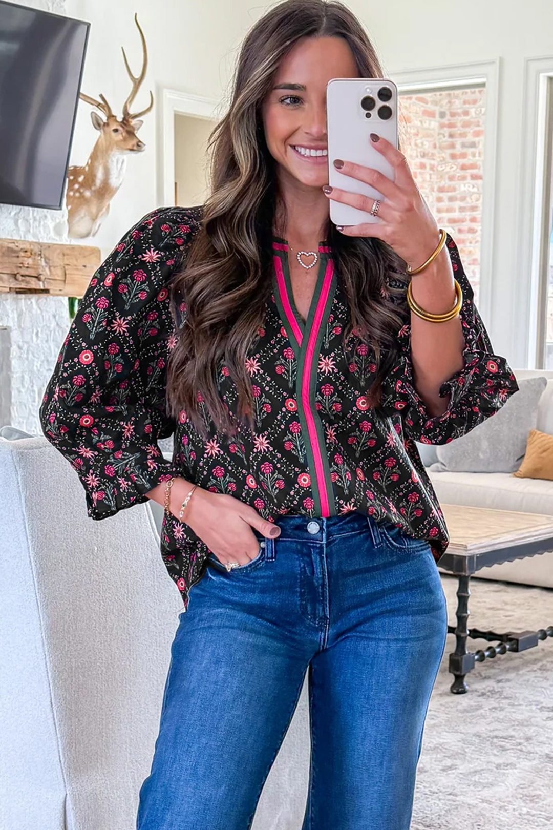 Black Contrast V Neckline Bracelet Sleeve Vintage Floral Blouse