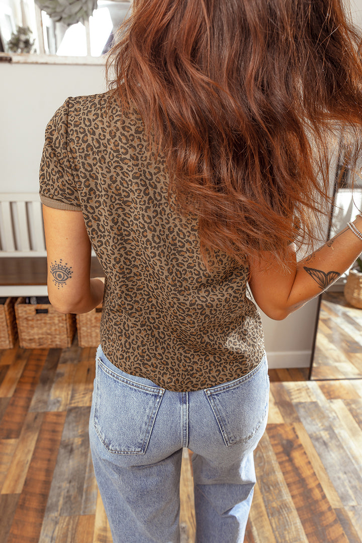 Khaki Fierce Leopard Crew Neck T Shirt