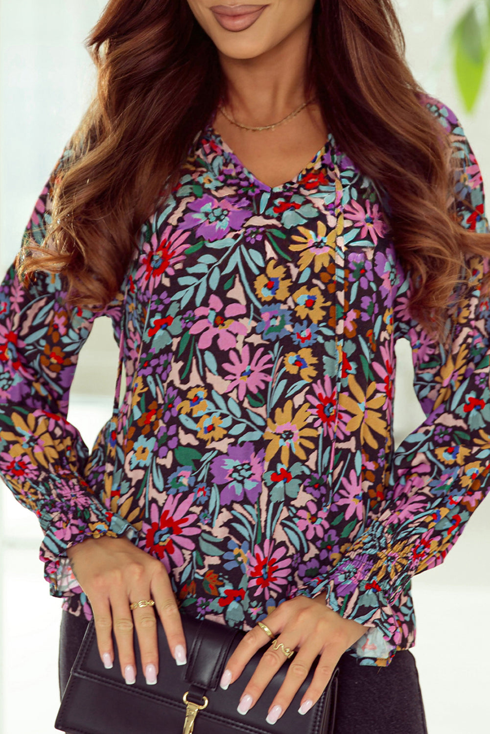 Multicolor Floral Print Ruffled Long Sleeve V-Neck Blouse | Women