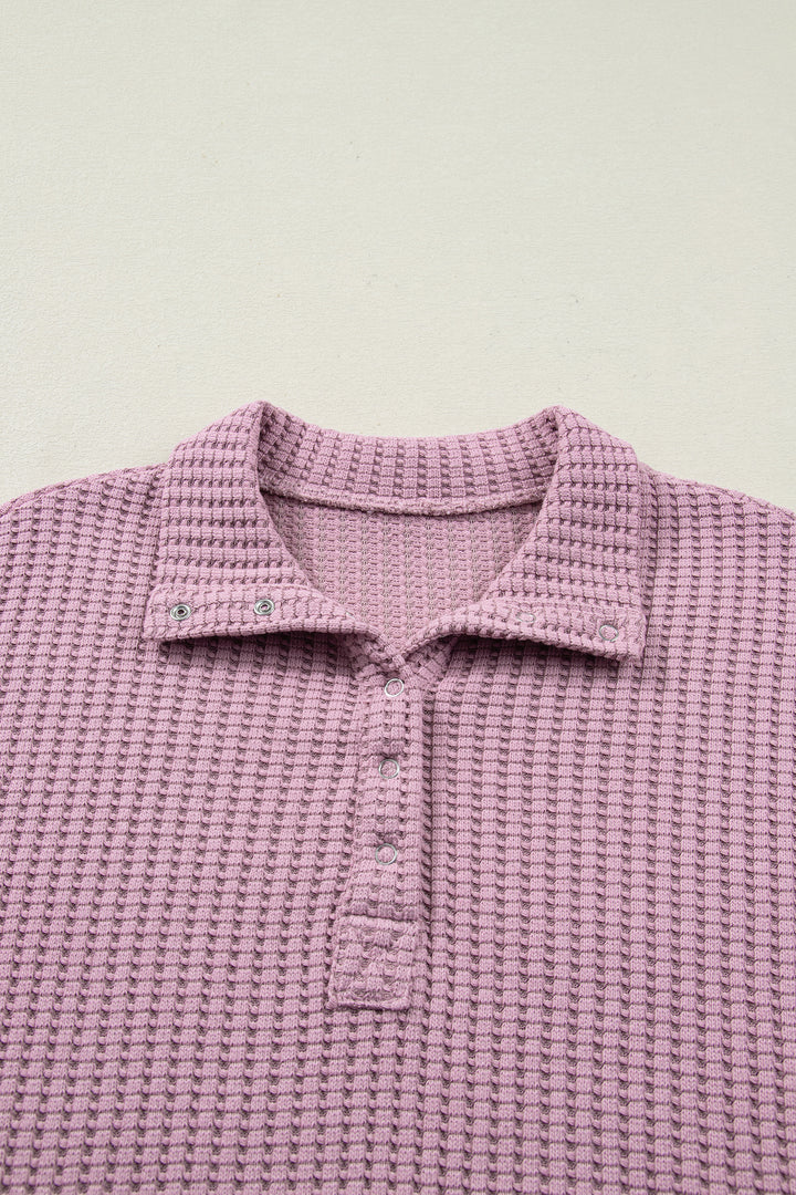 Casual Solid Color Textured Snap Button Collared Baggy Top