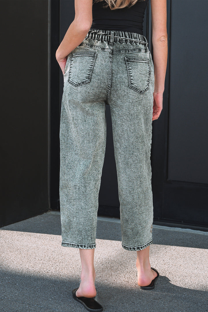 Smoke Gray Acid Wash Tie Waist Denim Pants