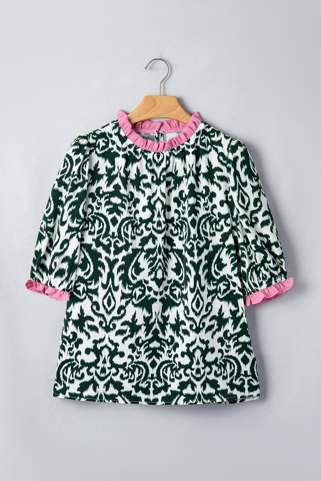 Black Damask Print Ruffled Color Block Detail Half Sleeve Blouse