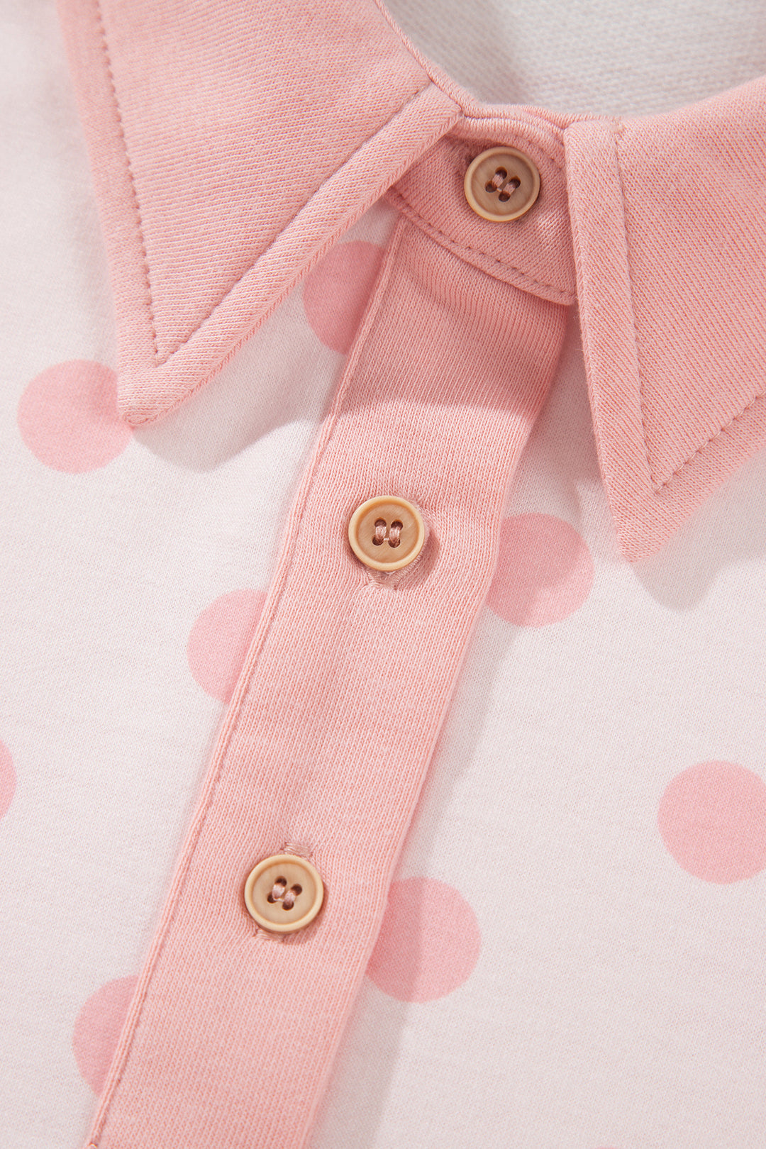 Pink Polka Dot Drop Shoulder Polo Loose Pullover Patch Pocket Casual Shorts Set