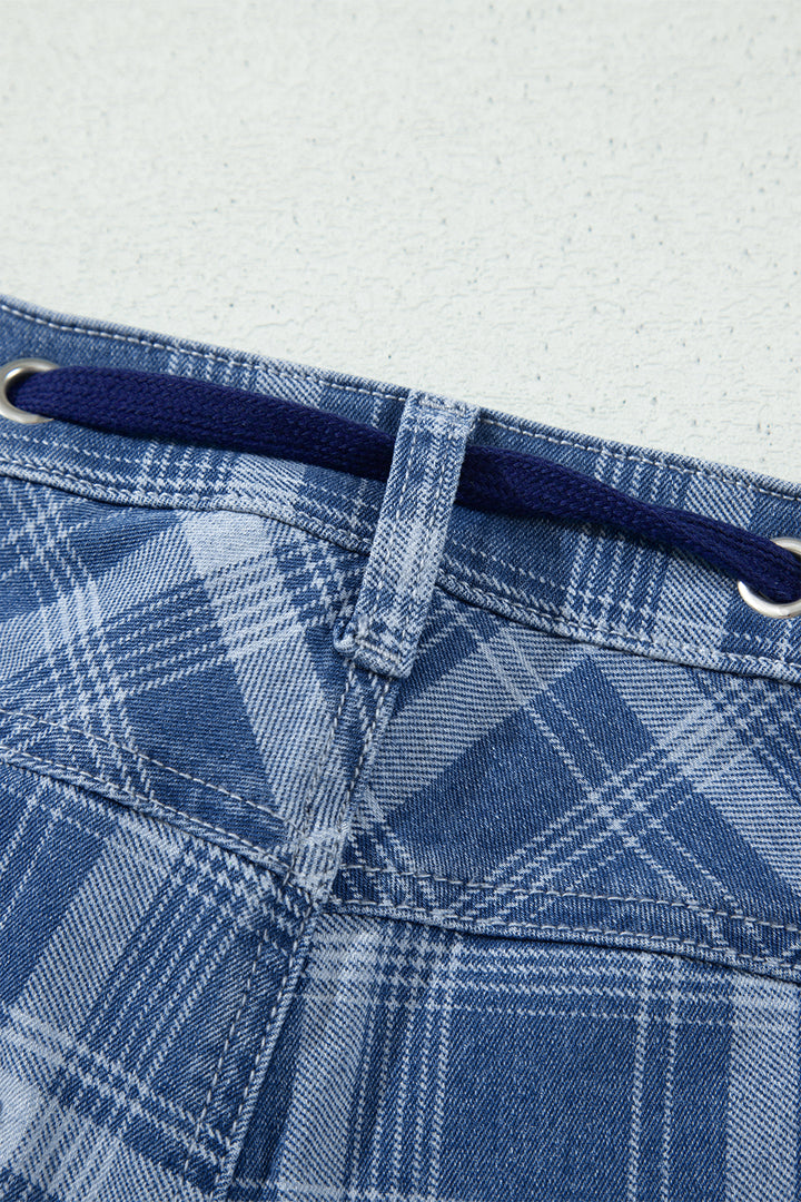Sky Blue Plaid Denim Grommet Drawstring Waist Ankle-Length Jeans