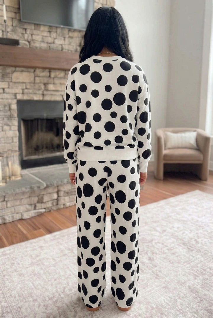 Khaki Polka Dot Long Sleeve Top Drawstring Relaxed Pants Set