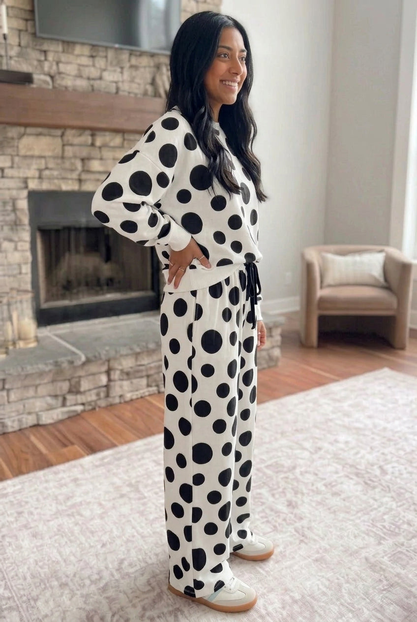 Khaki Polka Dot Long Sleeve Top Drawstring Relaxed Pants Set