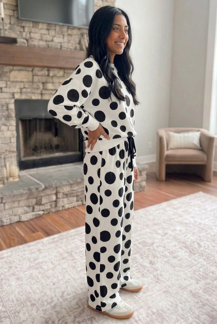 Khaki Polka Dot Long Sleeve Top Drawstring Relaxed Pants Set