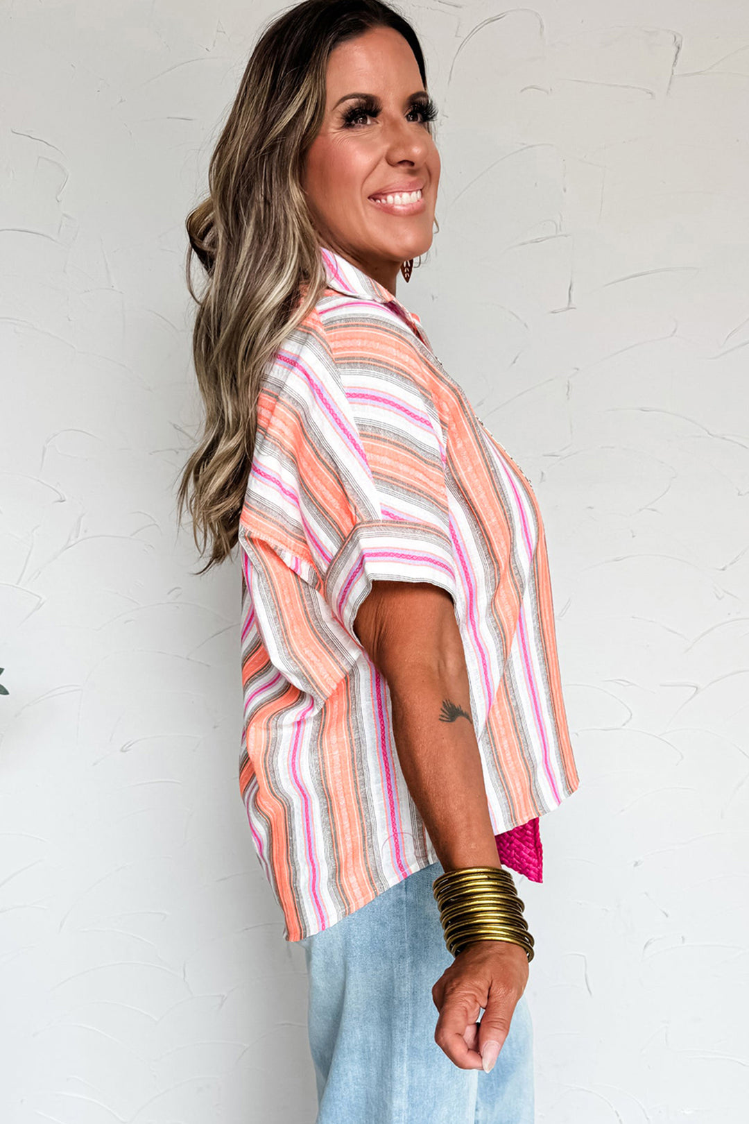Pink Stripe Button up Short Sleeve Shirt