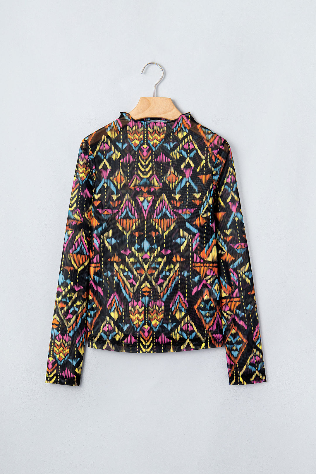 Color black Abstract Print Long Sleeve Stand Neck Mesh Top