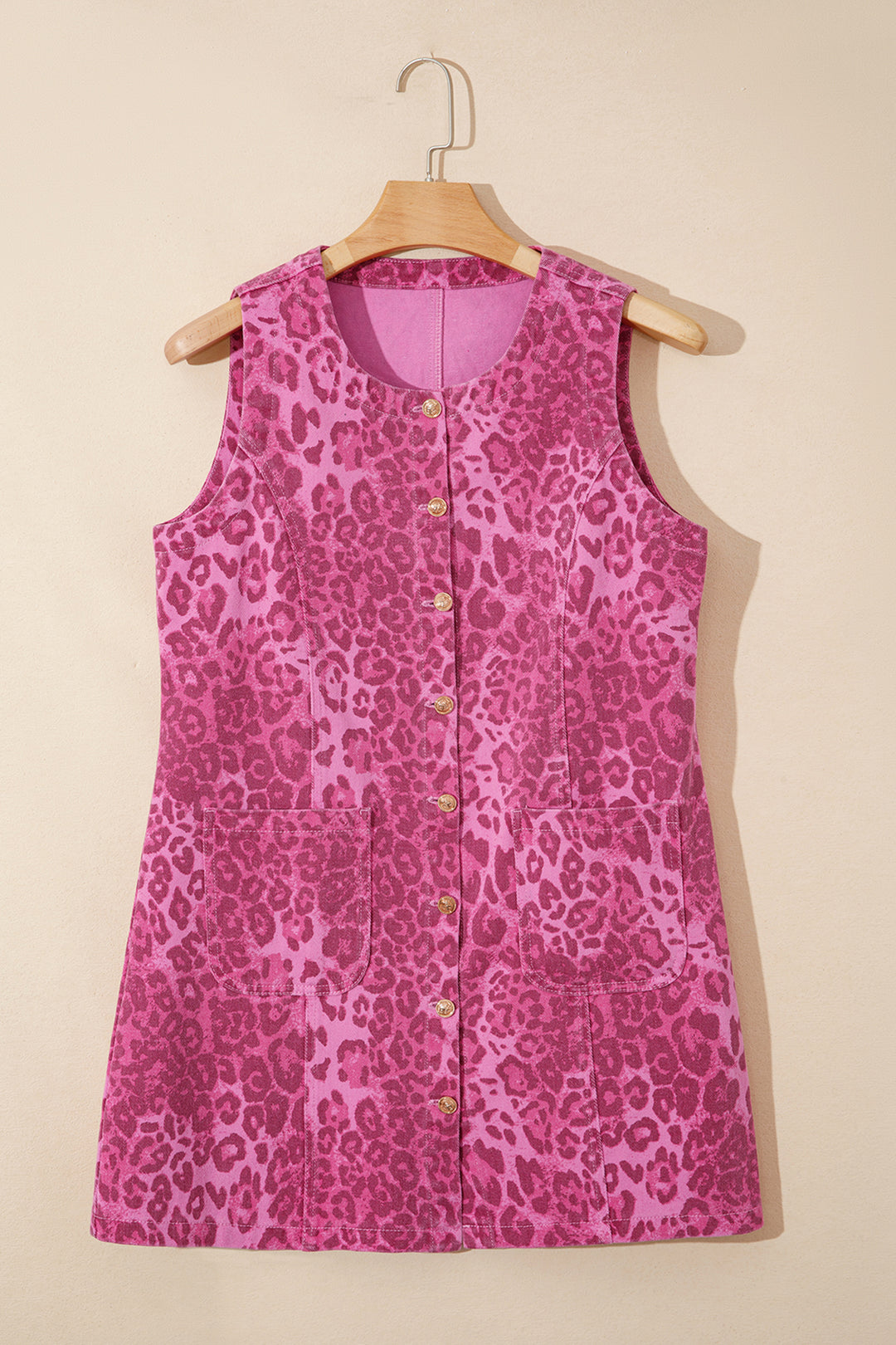 Pink Leopard Denim Buttoned Shift Sleeveless Dress