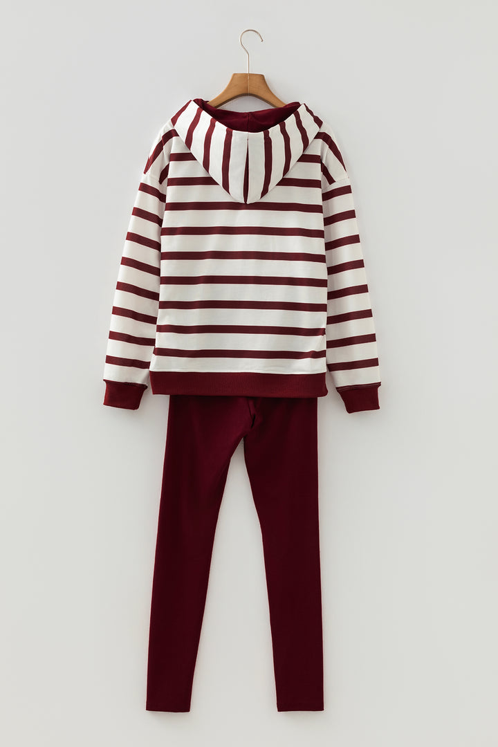 Red Stripe Pullover Hoodie Ribbed Solid Pants 2pcs Set Outfit