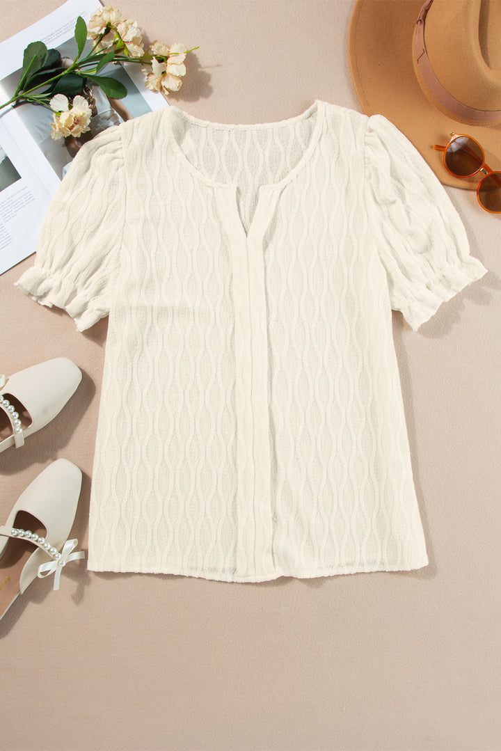 White Solid Color Textured Notched Neck Puff Sleeve Blouse