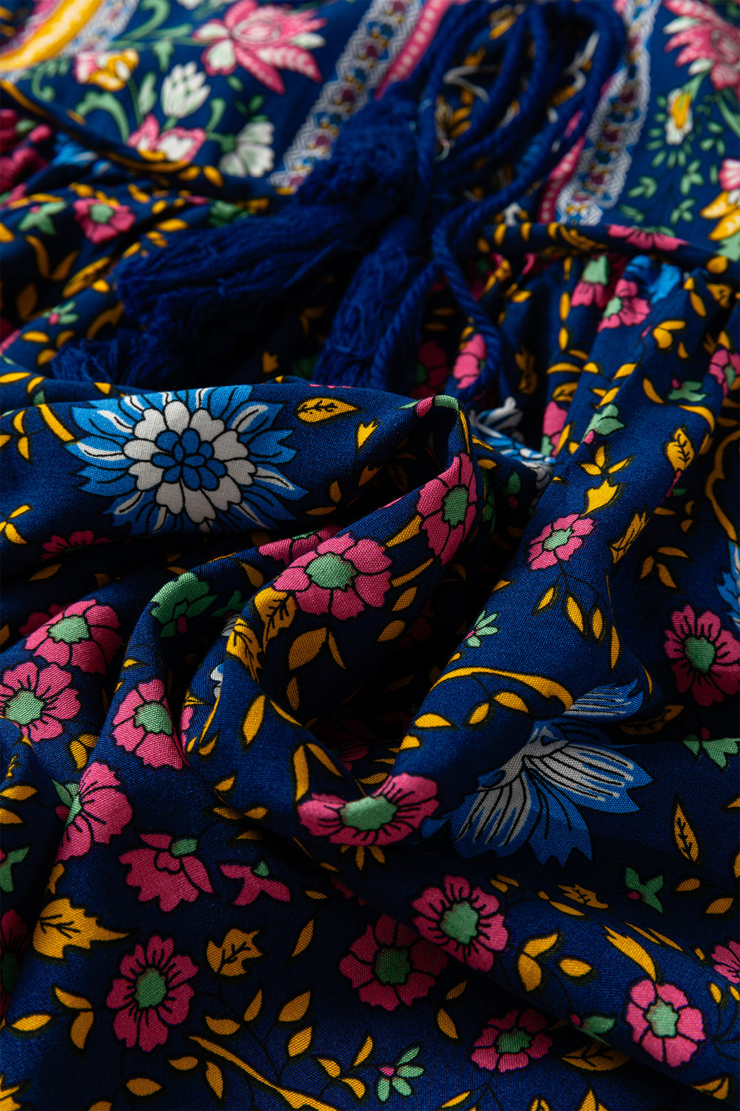 Blue Bohemian Floral Print Tassel Tie Front Long Sleeve Blouse