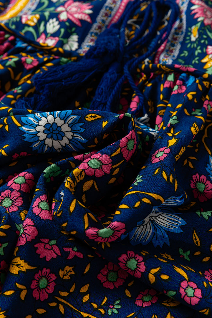 Blue Bohemian Floral Print Tassel Tie Front Long Sleeve Blouse