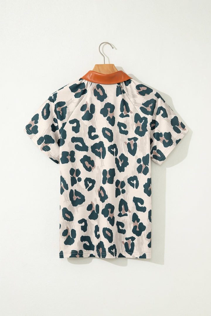 Casual Unique Leopard Print Button Contrast Collared Short Sleeve Blouse