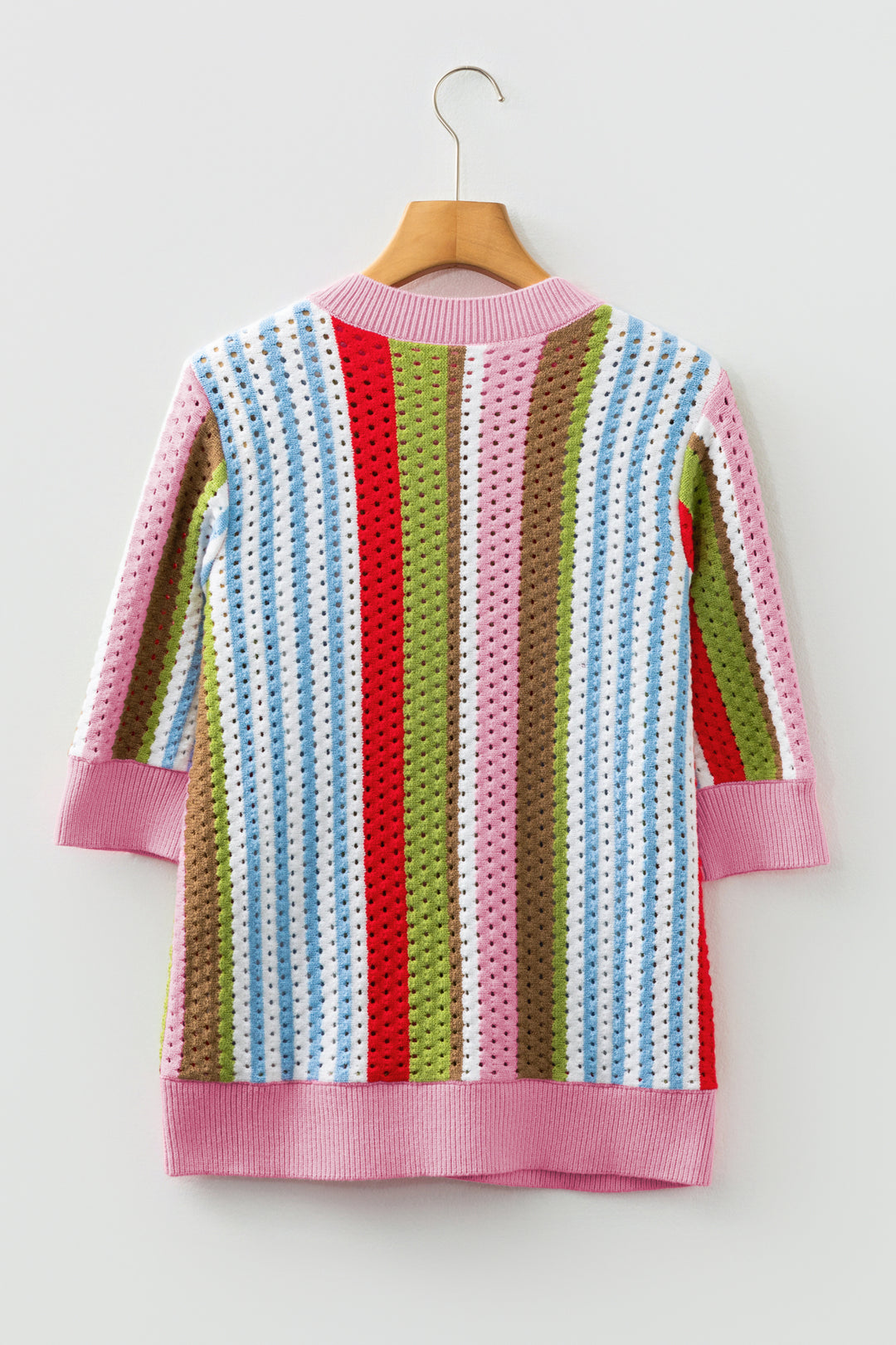 Multicolour Striped Pointelle Knit Short Sleeve Sweater