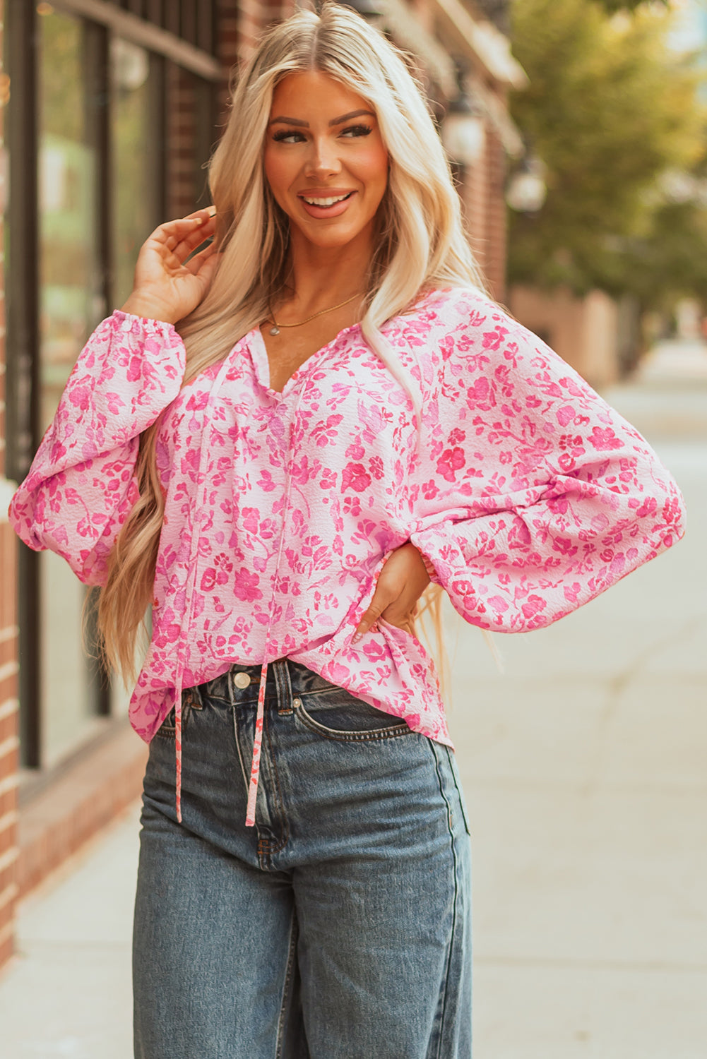 Pink Floral Puff Sleeve Split Neck Lightweight Blouse