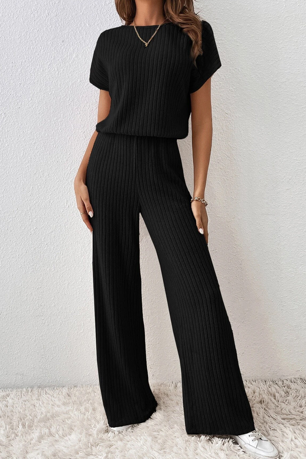 Black Solid Color Ribbed Short Sleeve Wide Leg Jumpsuit | Women