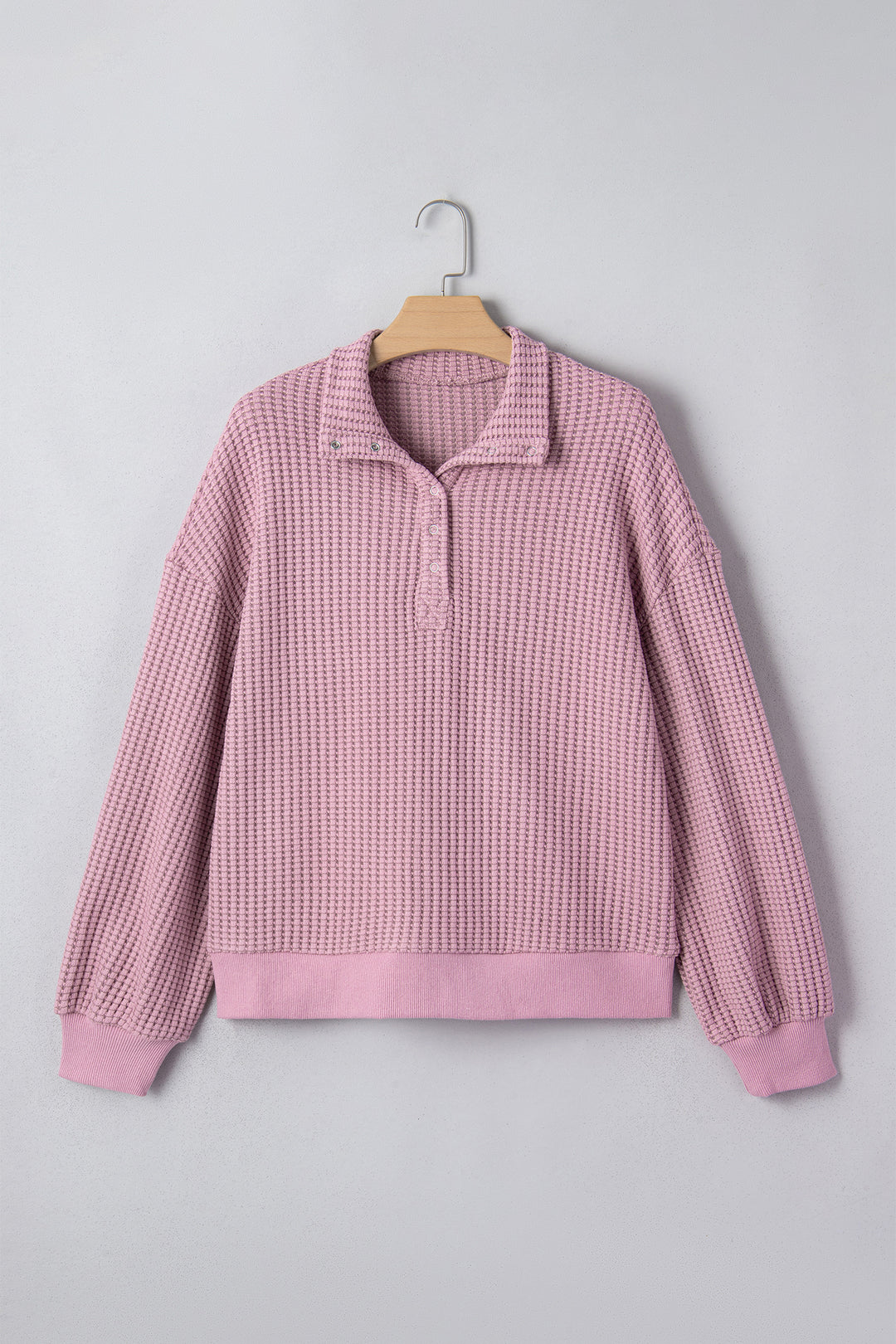 Casual Solid Color Textured Snap Button Collared Baggy Top
