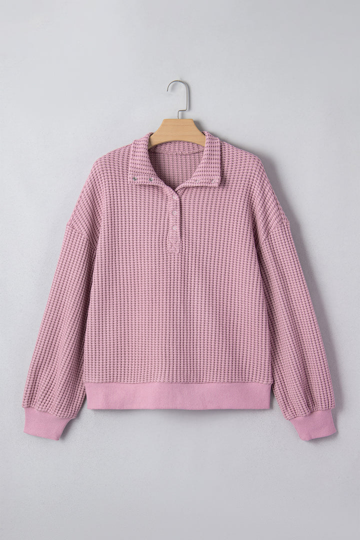 Casual Solid Color Textured Snap Button Collared Baggy Top