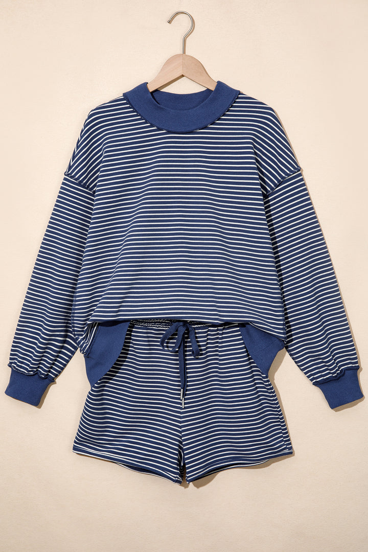 Brown Ribbed Patchwork Mock Neck Baggy Pullover Matching Shorts Set
